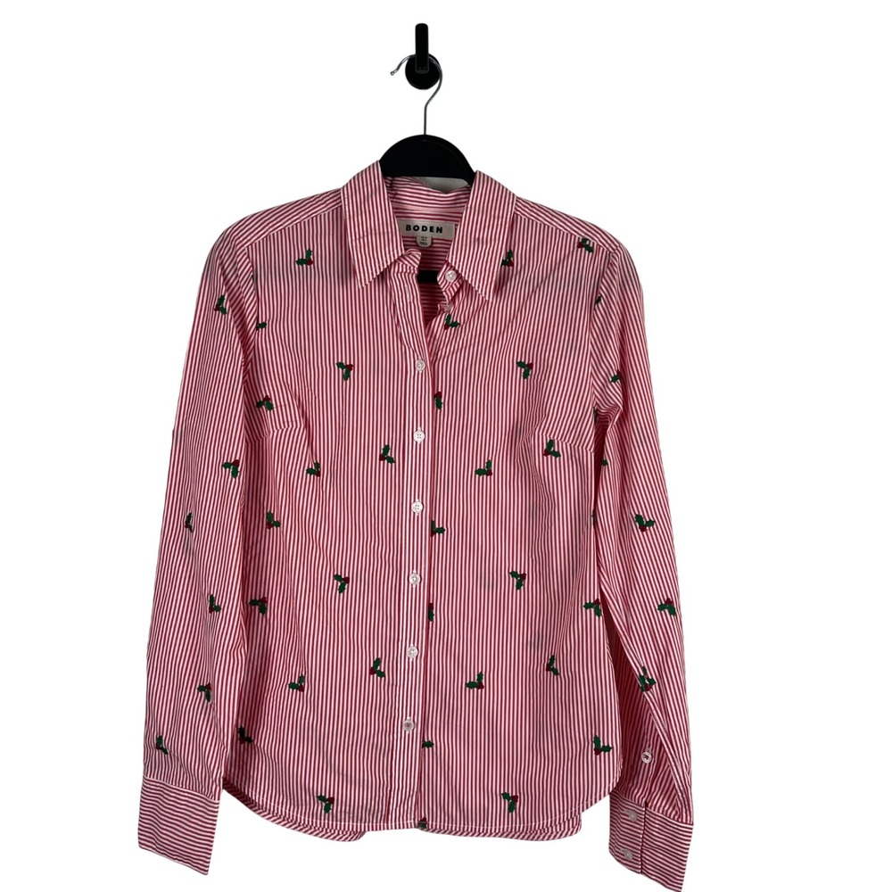 Boden Womens Red White Striped Holly Embroidered Cotton Button Down Shirt Size 6